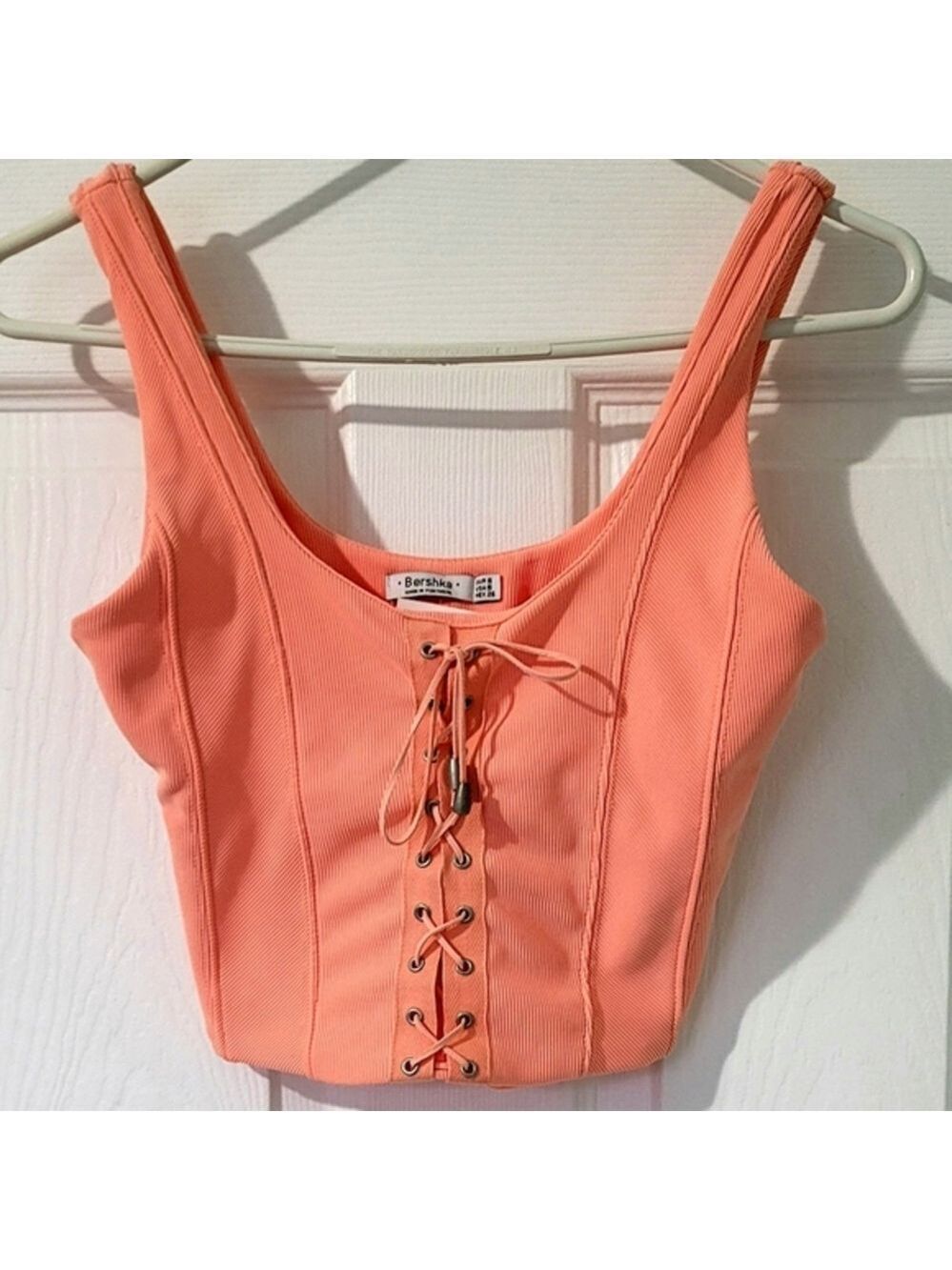 Bershka Women's Ribbed Sleeveless Lace-Up Crop Tank Top Size S